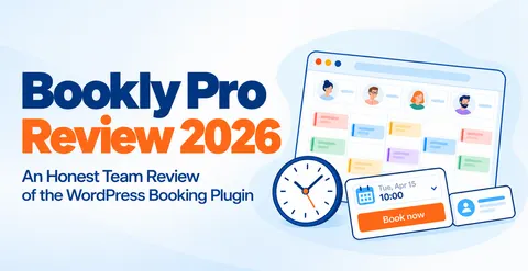Bookly Pro Review 2026 — illustrated booking calendar with staff profiles and colour-coded appointments