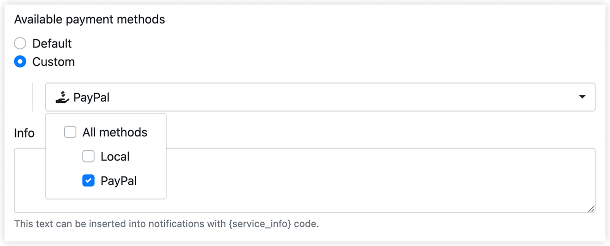 Services section – settings