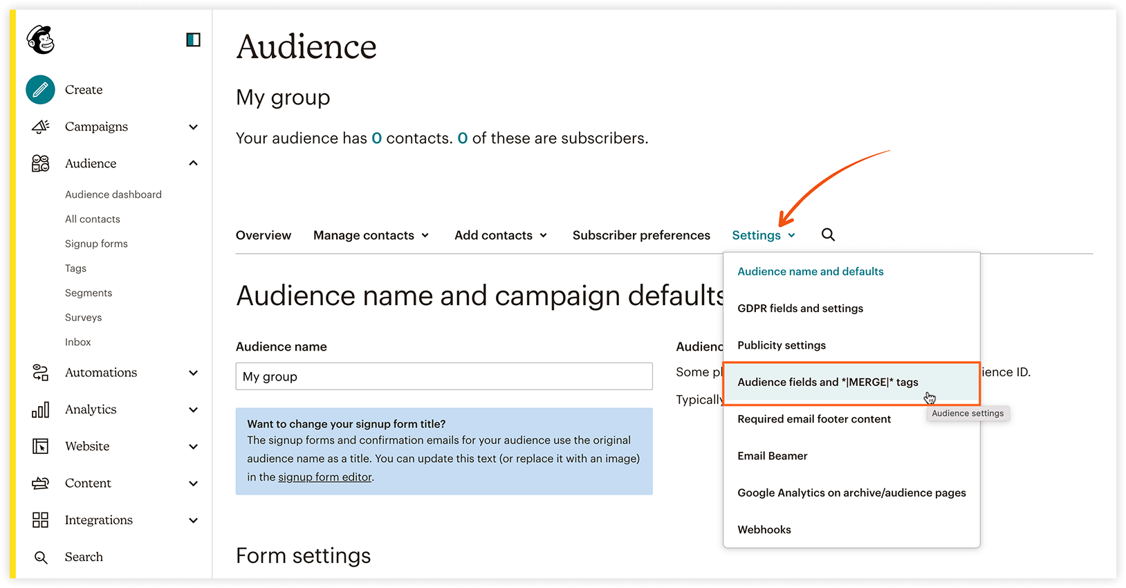 Mailchimp account settings