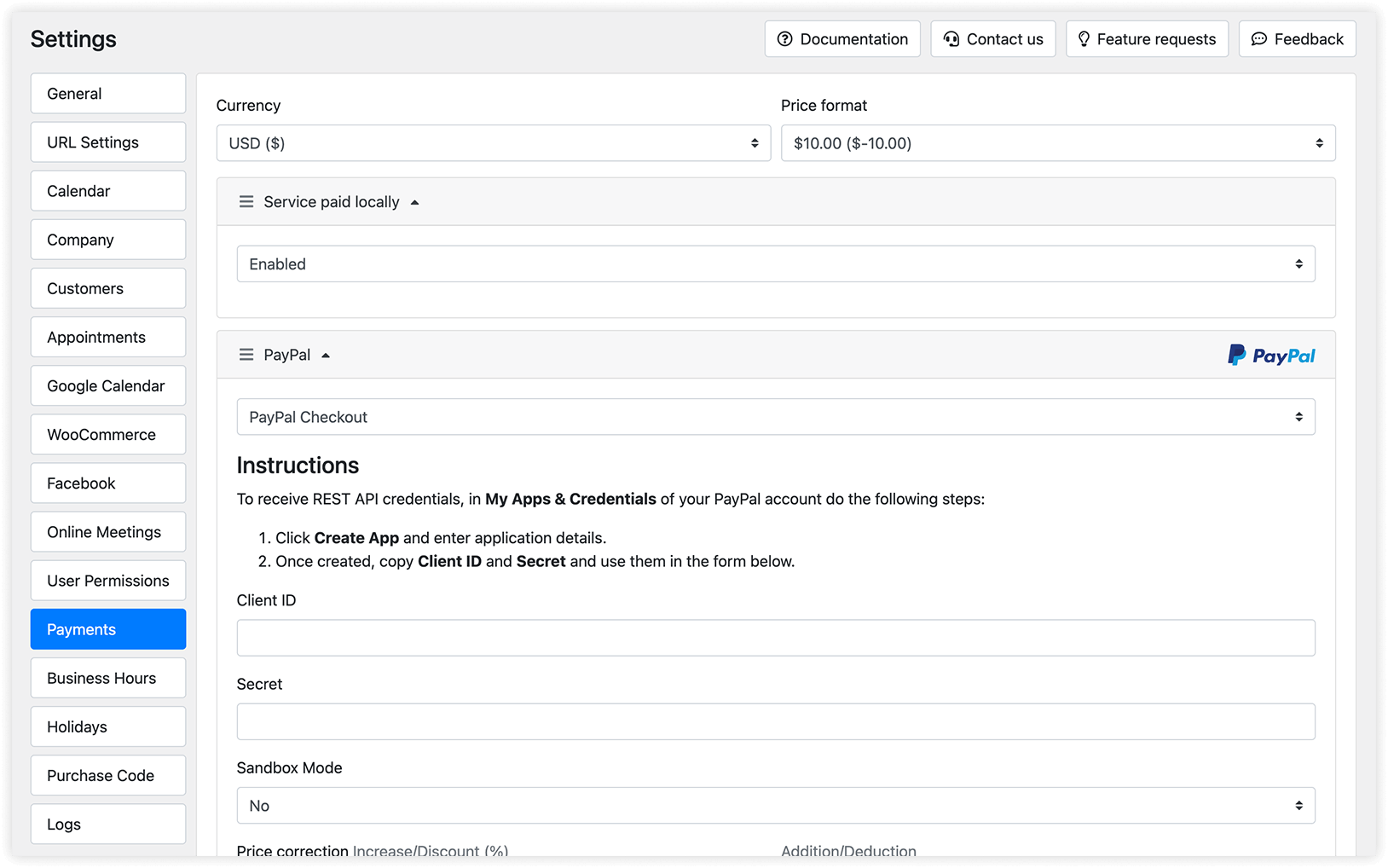 Payments section in Bookly