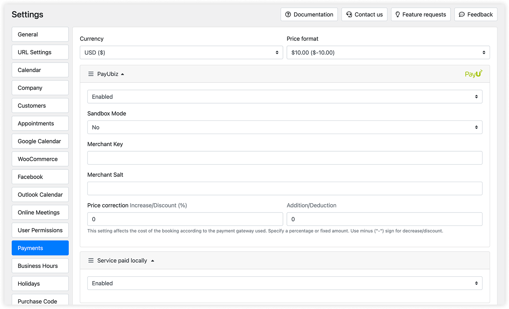 Payments section in Bookly