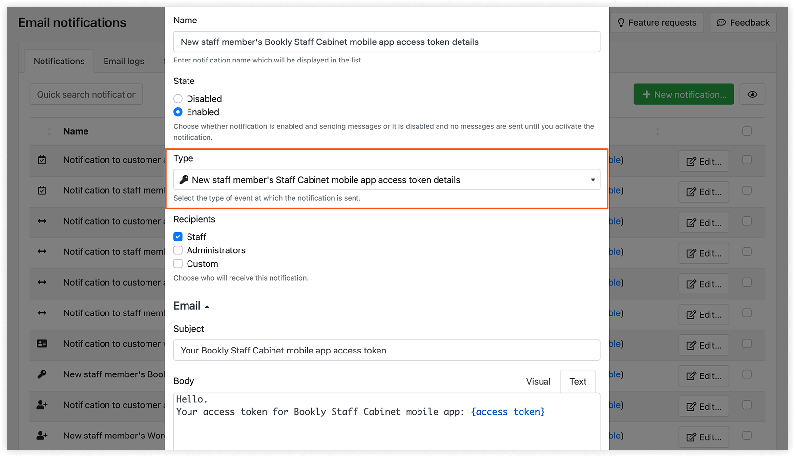 Email Notifications section in Bookly