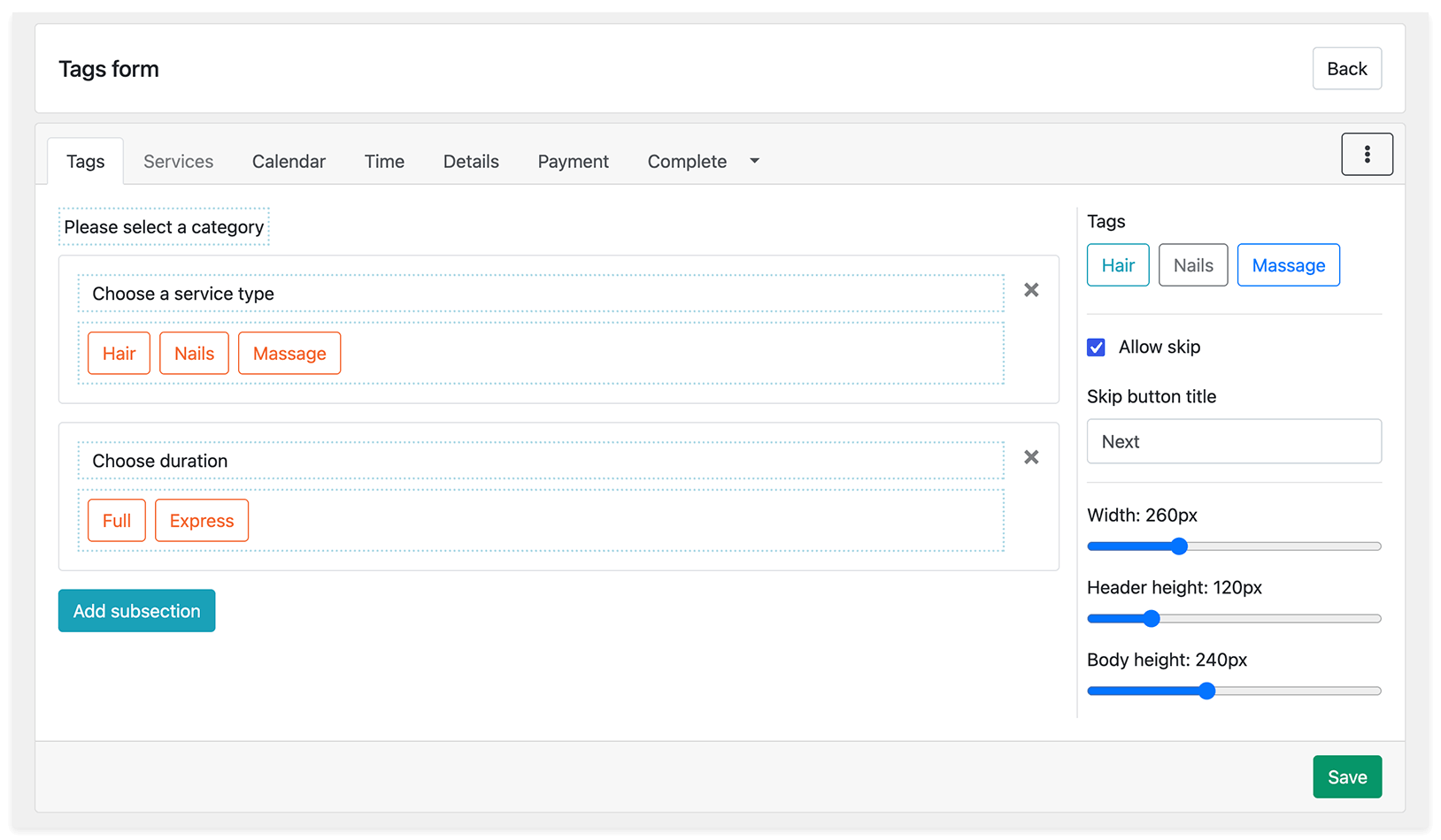 Appearance section in Bookly – Tags form