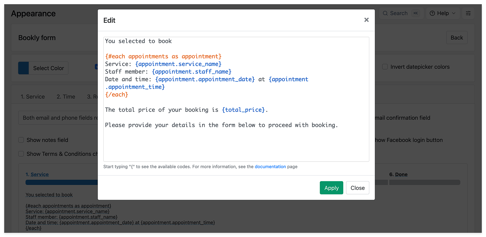 Bookly appearance section – Step by step booking form setup