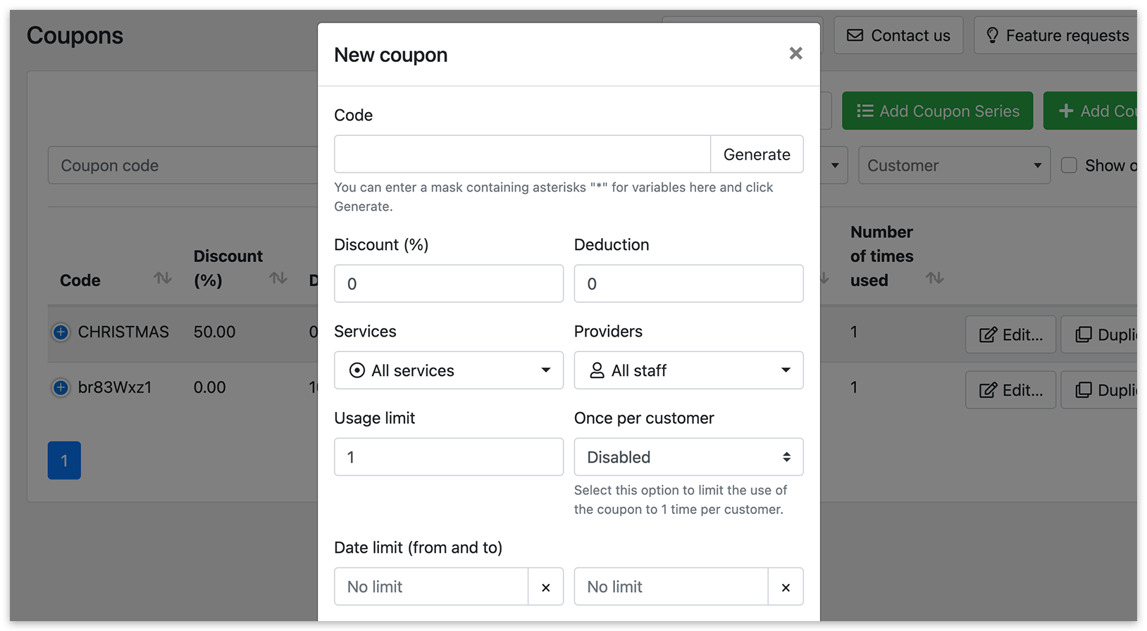 Coupons section in Bookly