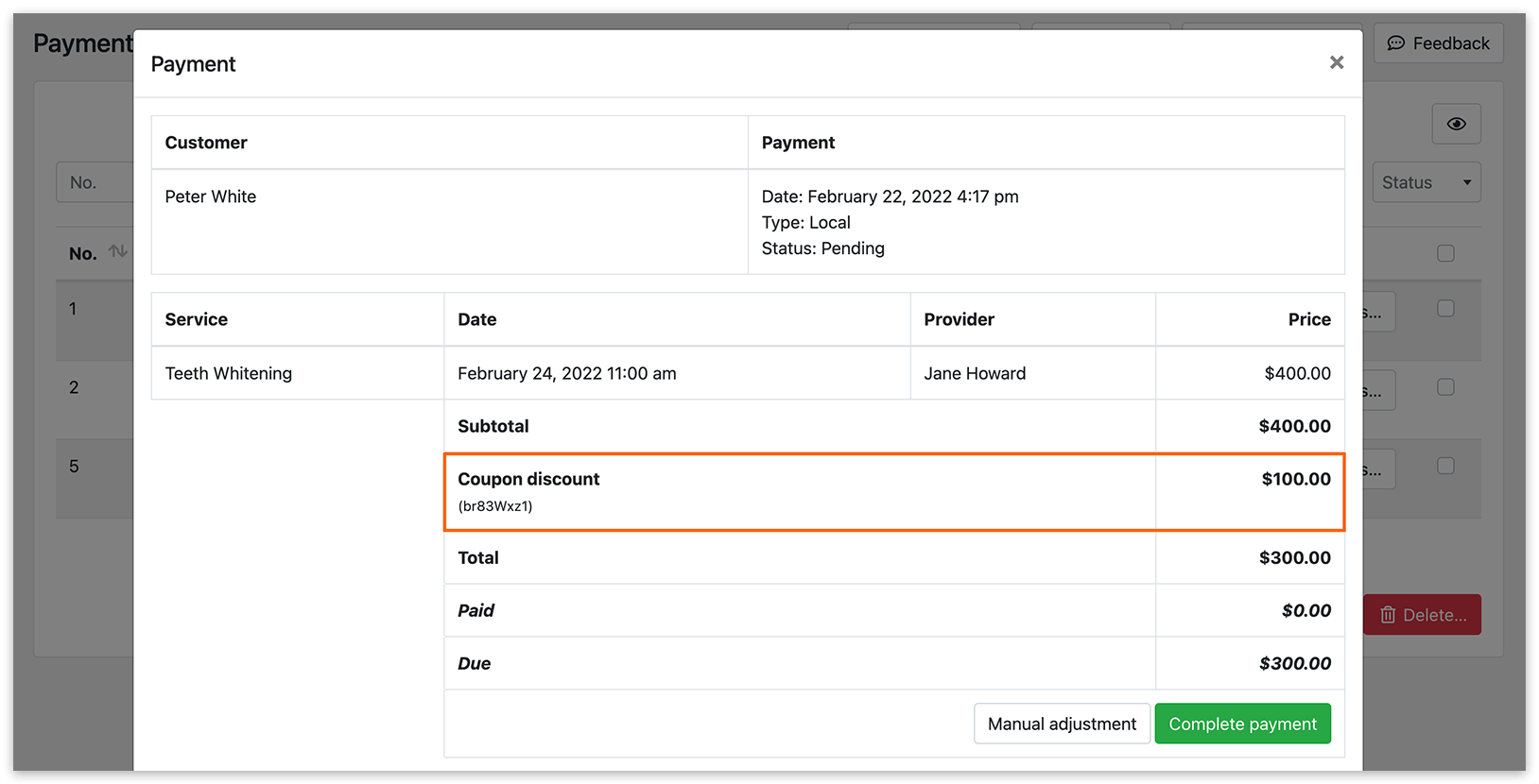 Payments section in Bookly