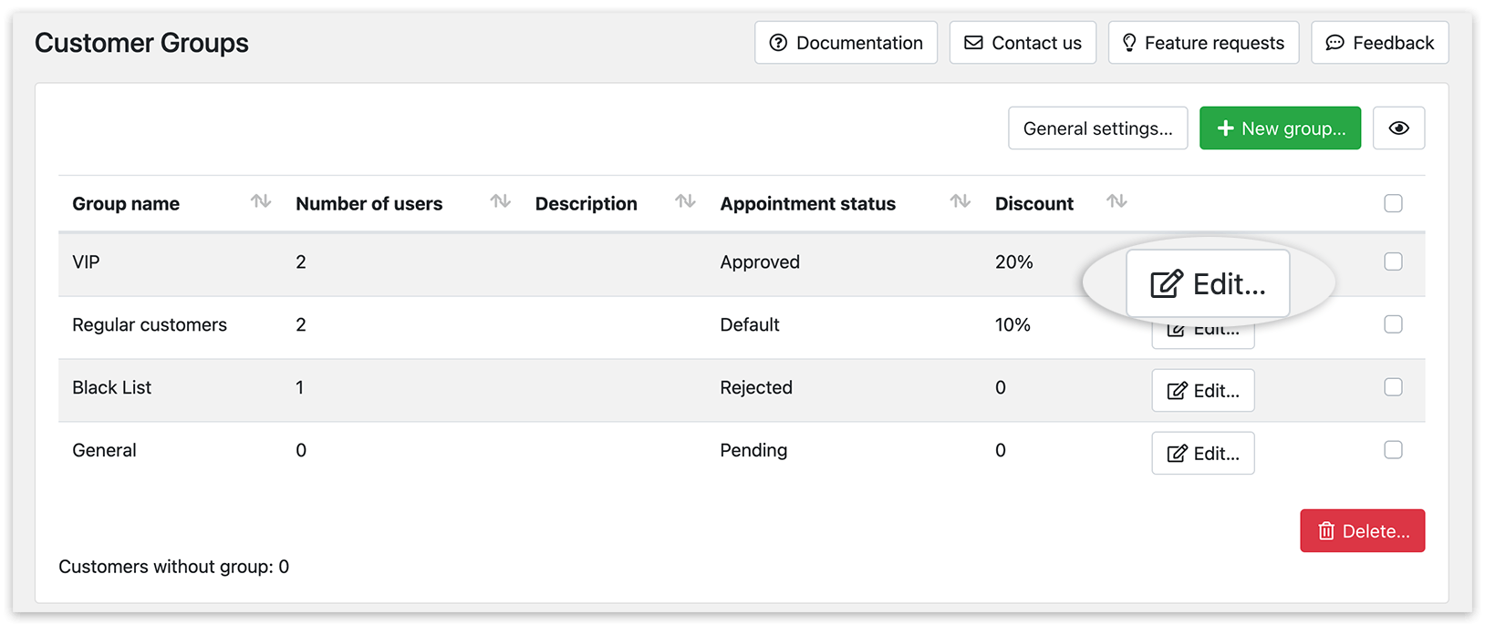 Customer Groups section in Bookly