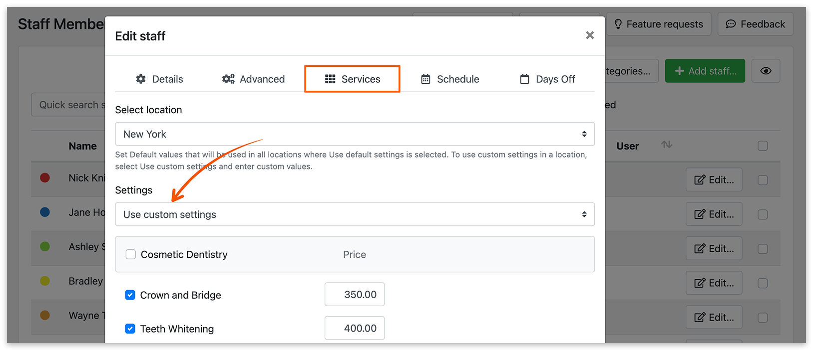 Edit staff – custom settings for location