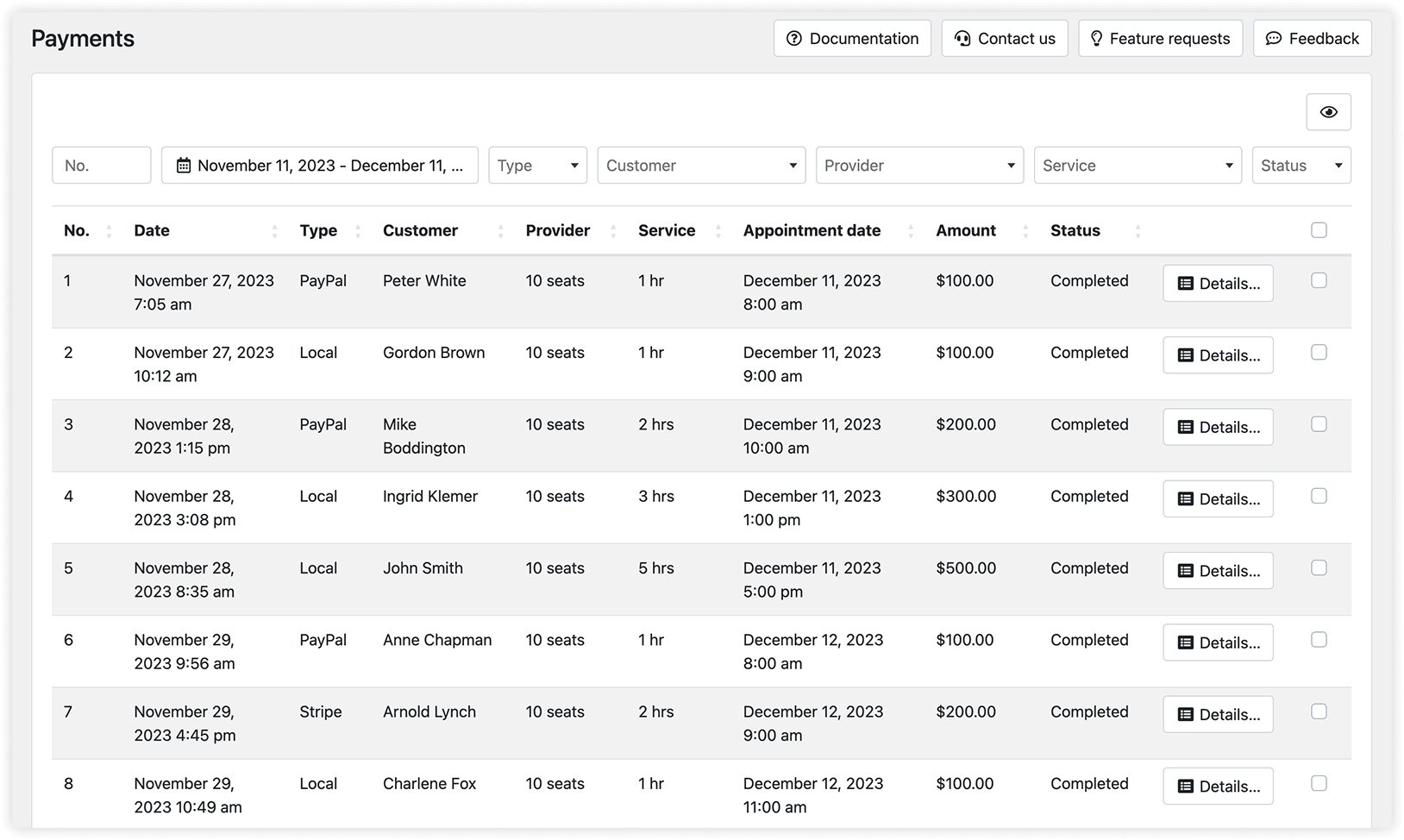 Payments section in Bookly