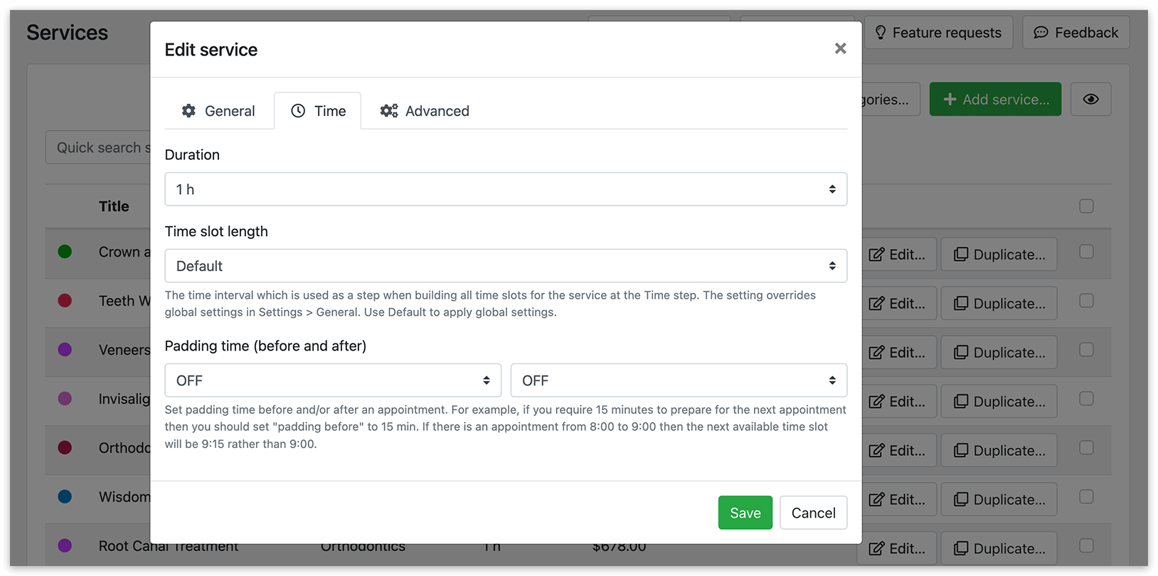 Service duration in Bookly