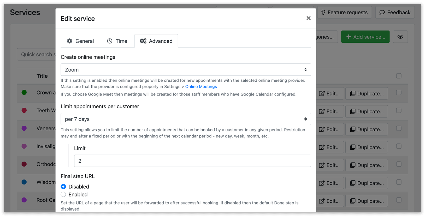 Advanced settings for services in Bookly