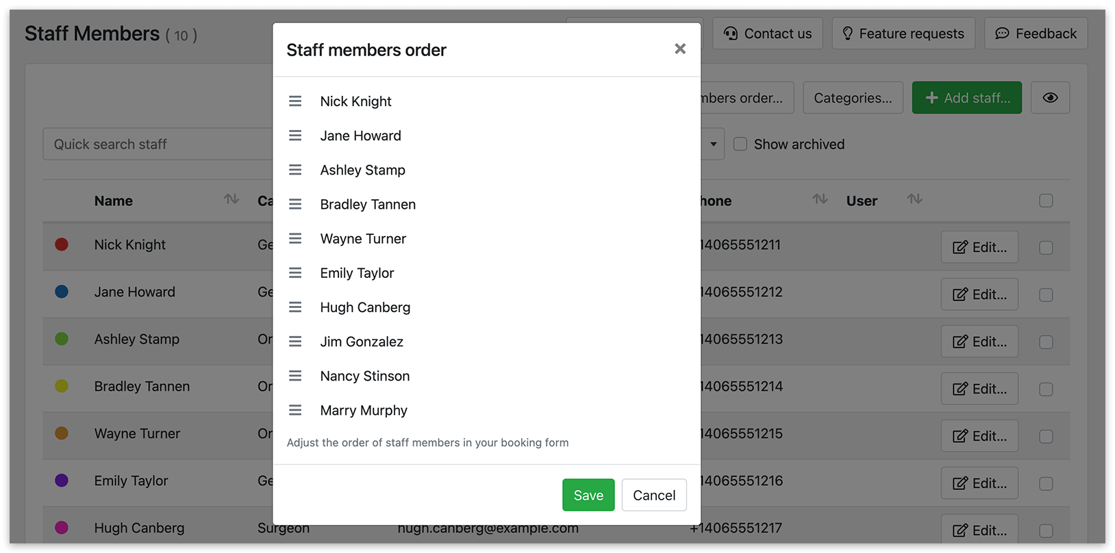 Staff members order in Bookly