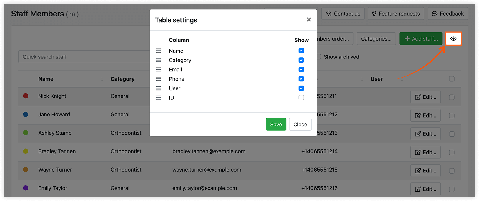 Staff members section in Bookly – table settings