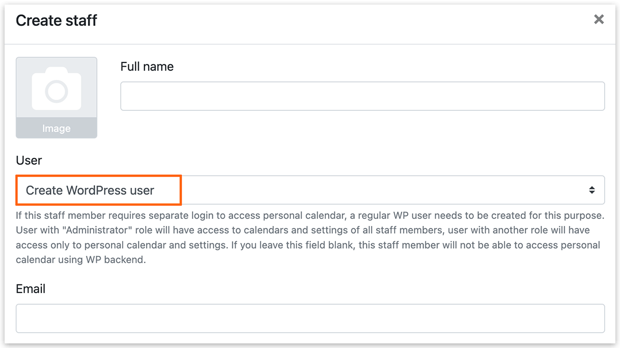 Staff member card in Bookly – Create WordPress user