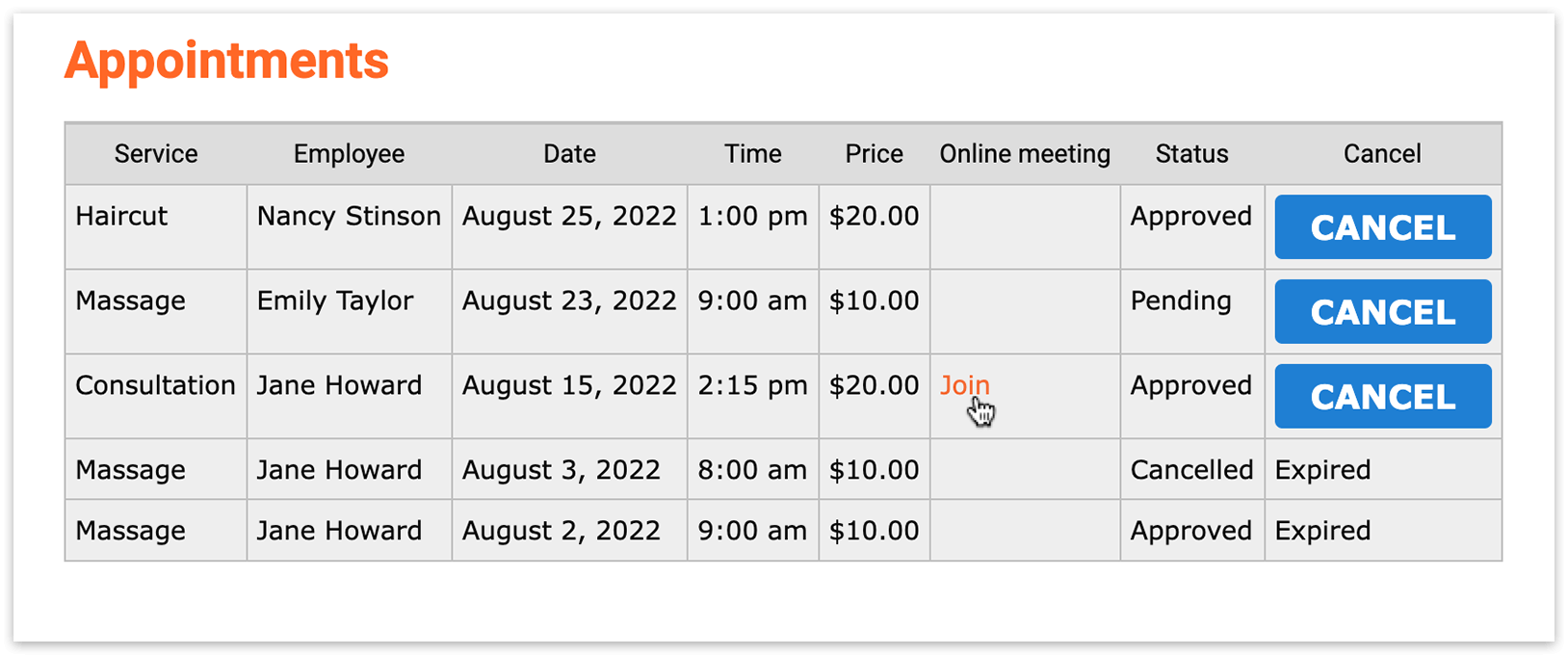 Appointments list on front end