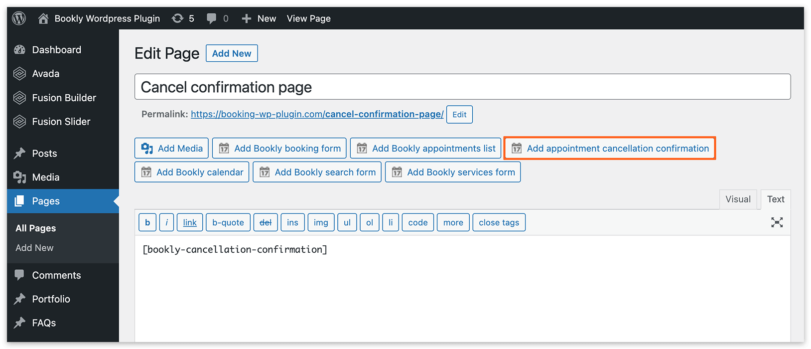 Add appointment cancellation confirmation shortcode to a page