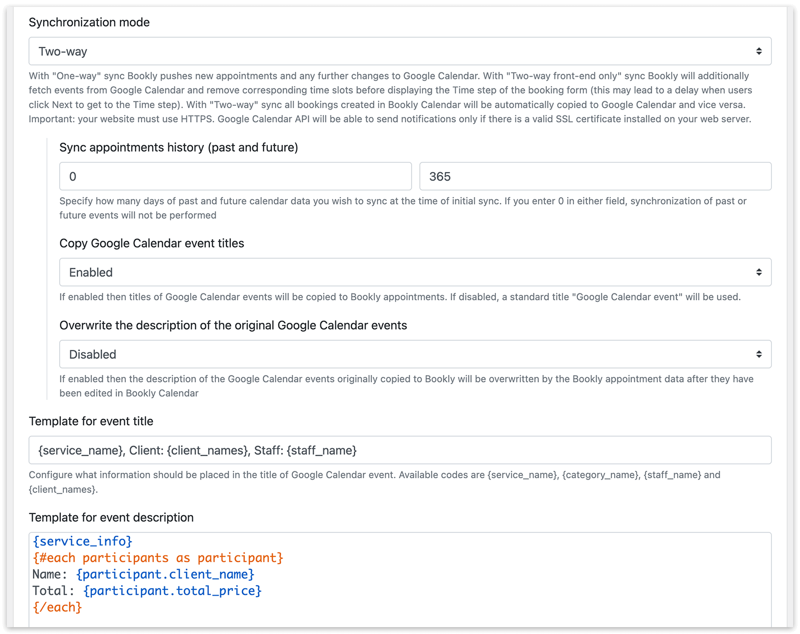 Bookly Settings – Google Calendar sync