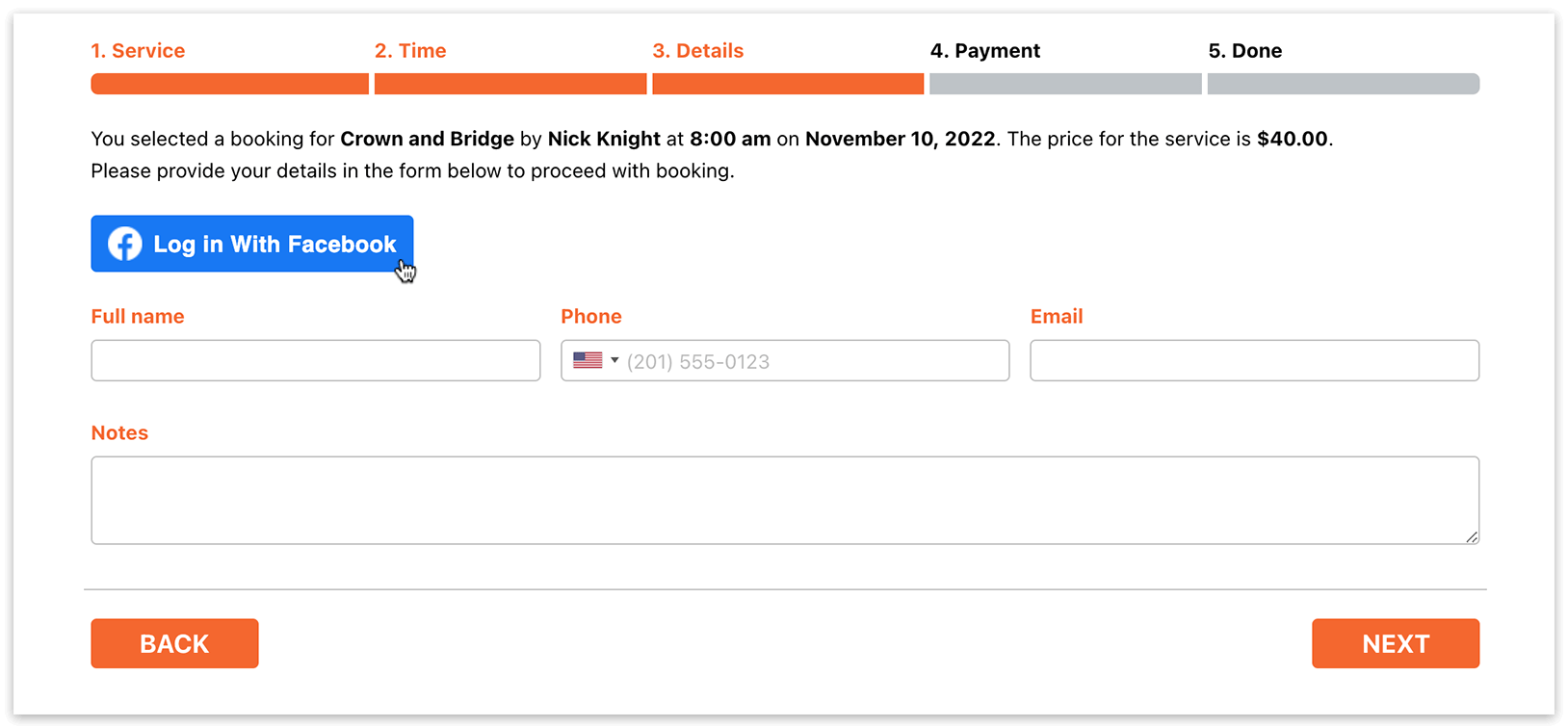 Bookly booking form – Details step