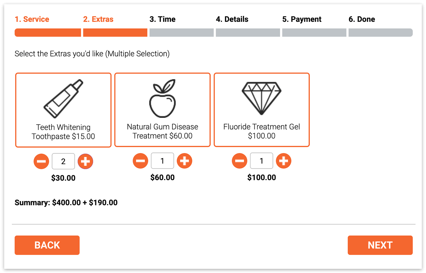 Bookly booking form – Extras step