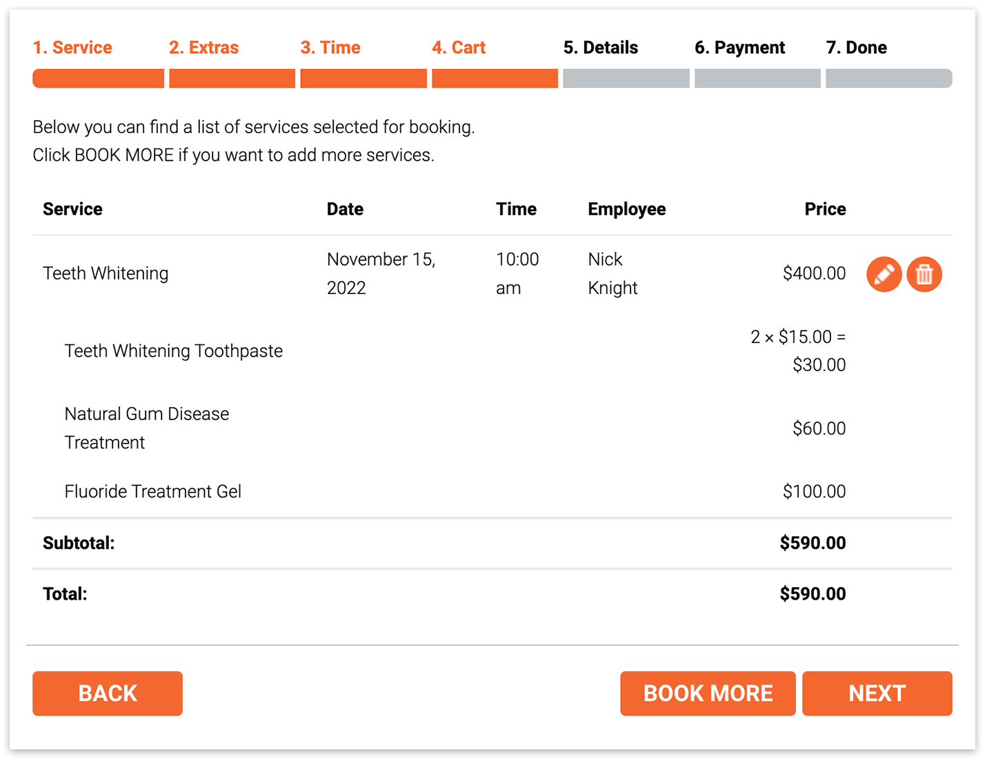 Bookly booking form – extras details on the Cart step