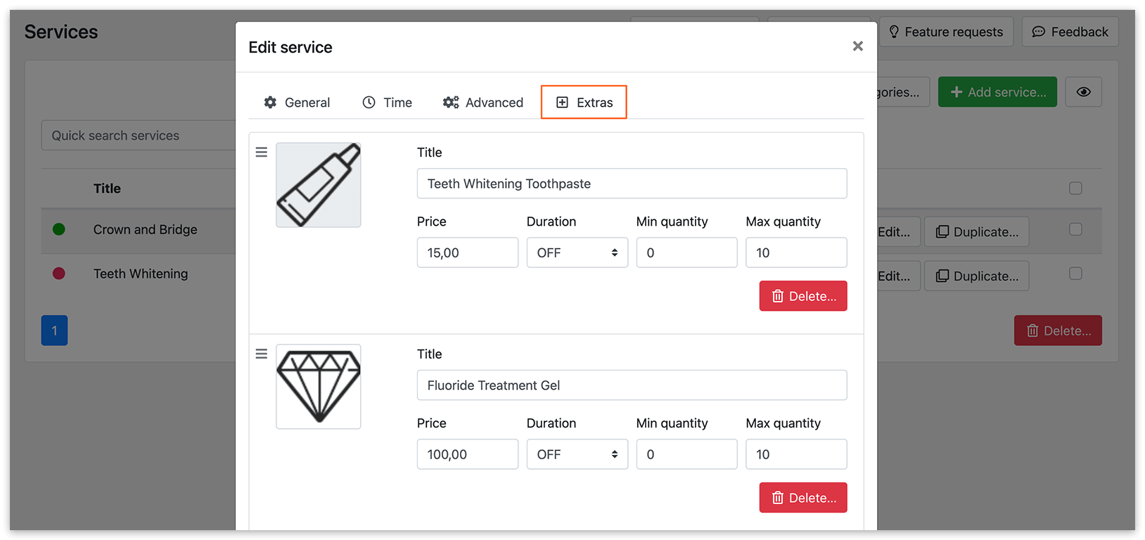 Services section in Bookly – Extras tab