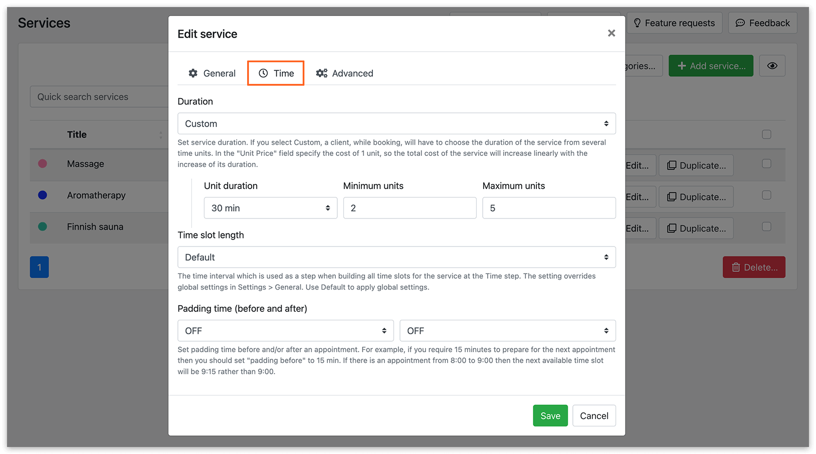 Services section in Bookly – custom duration