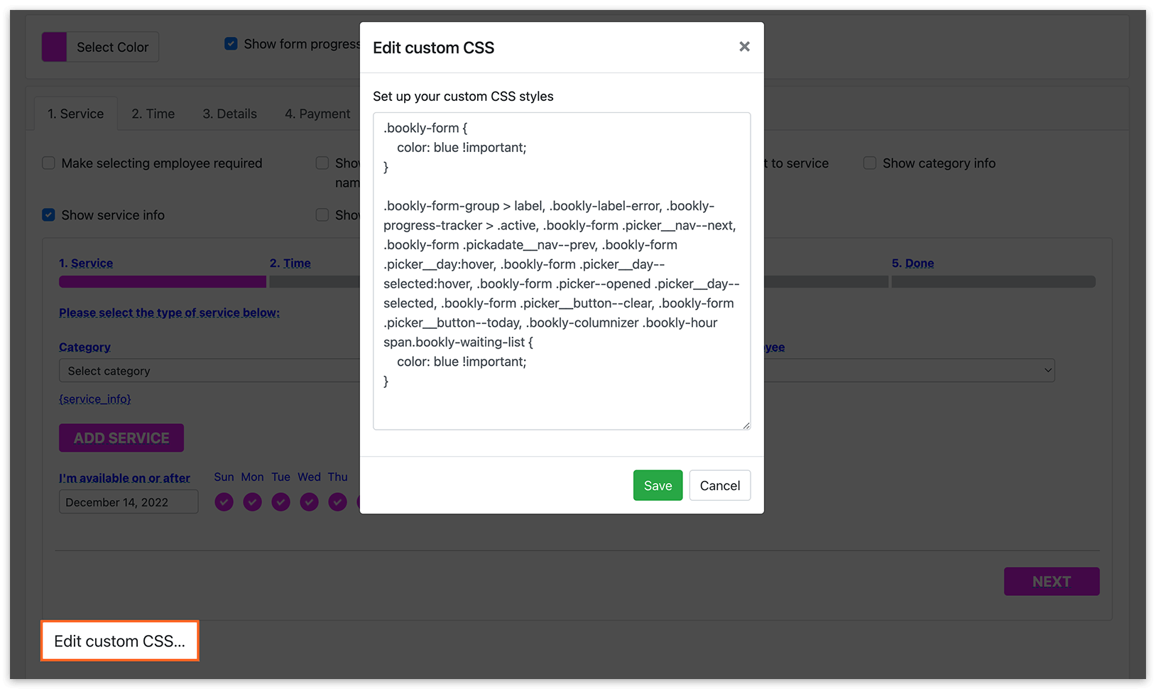 Appearance section in Bookly – Edit custom CSS