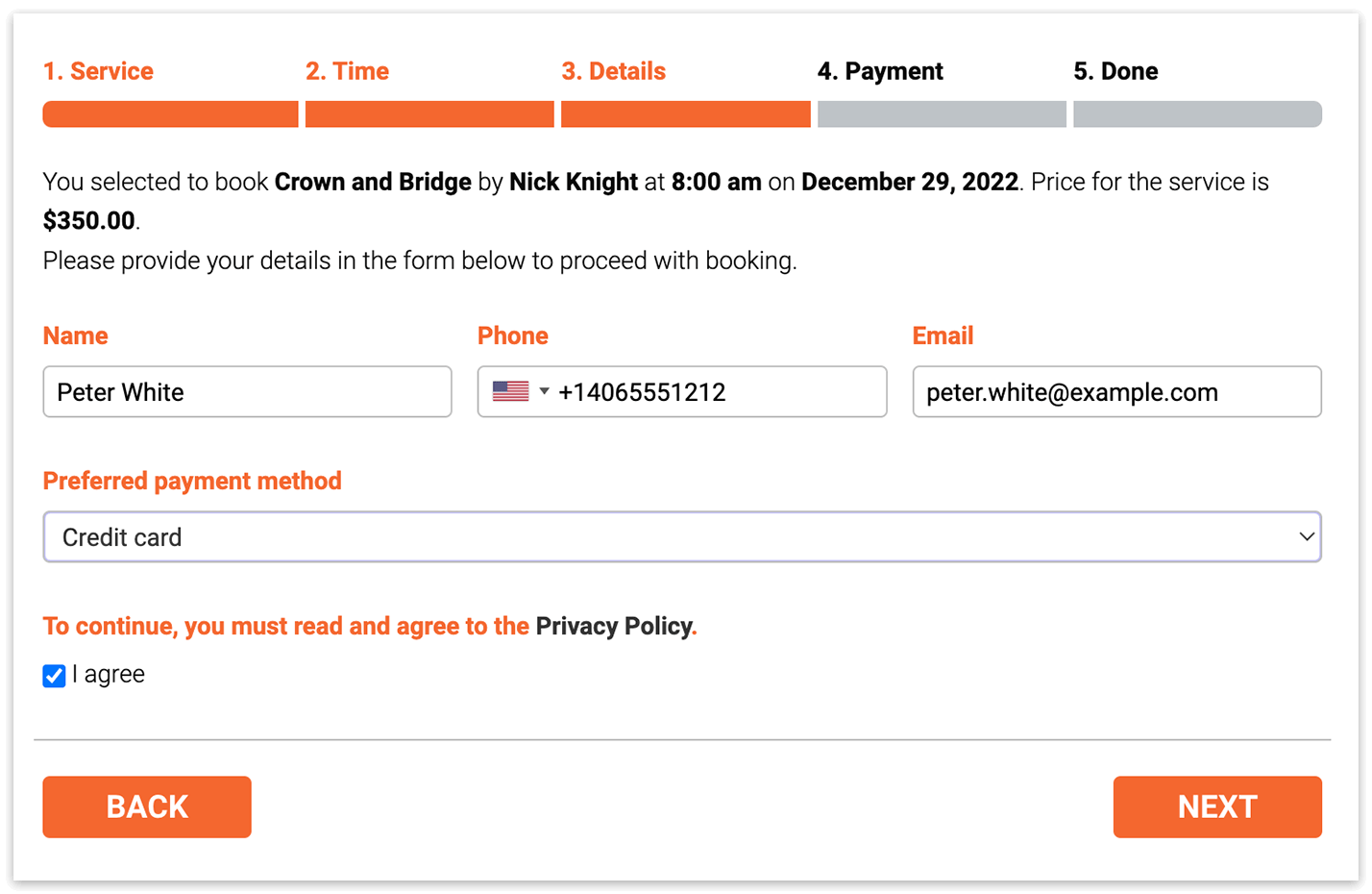 Bookly booking form – Details step