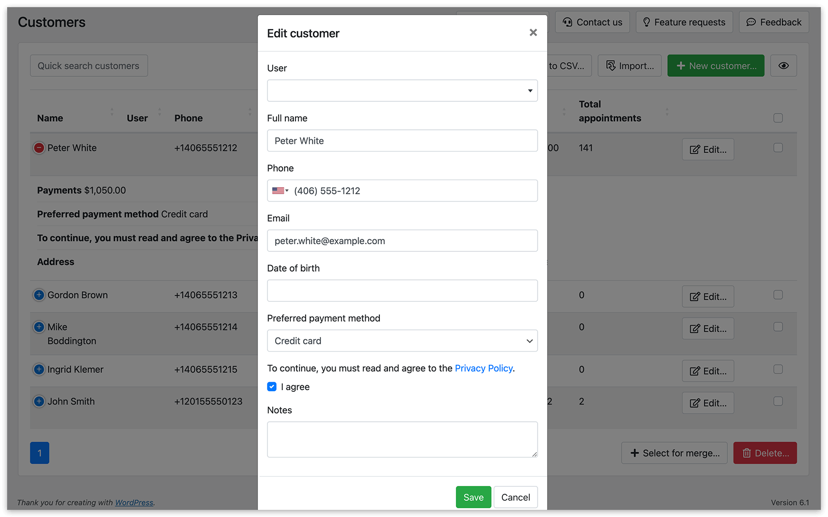 Customers section in Bookly