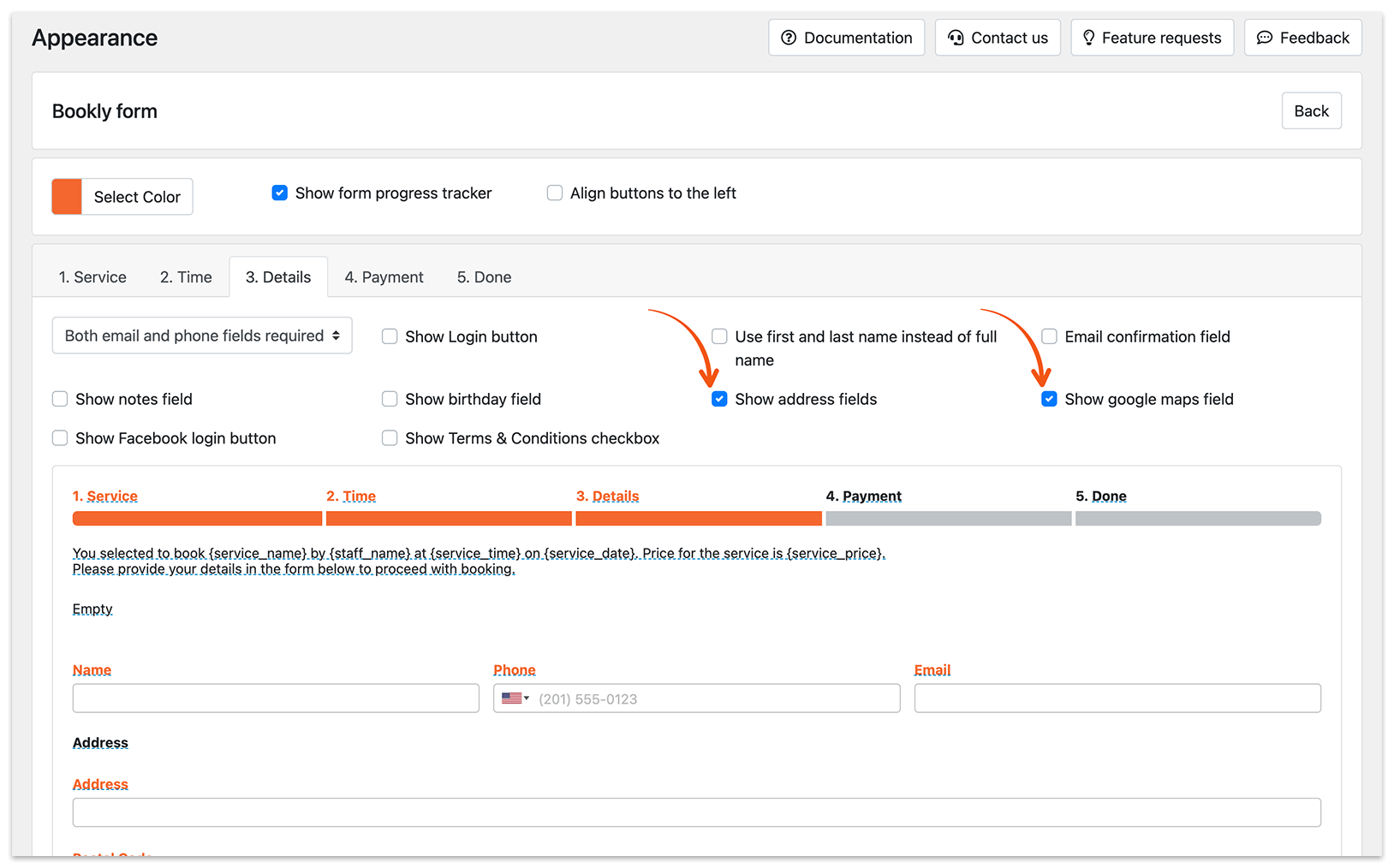 Appearance section in Bookly – Details tab