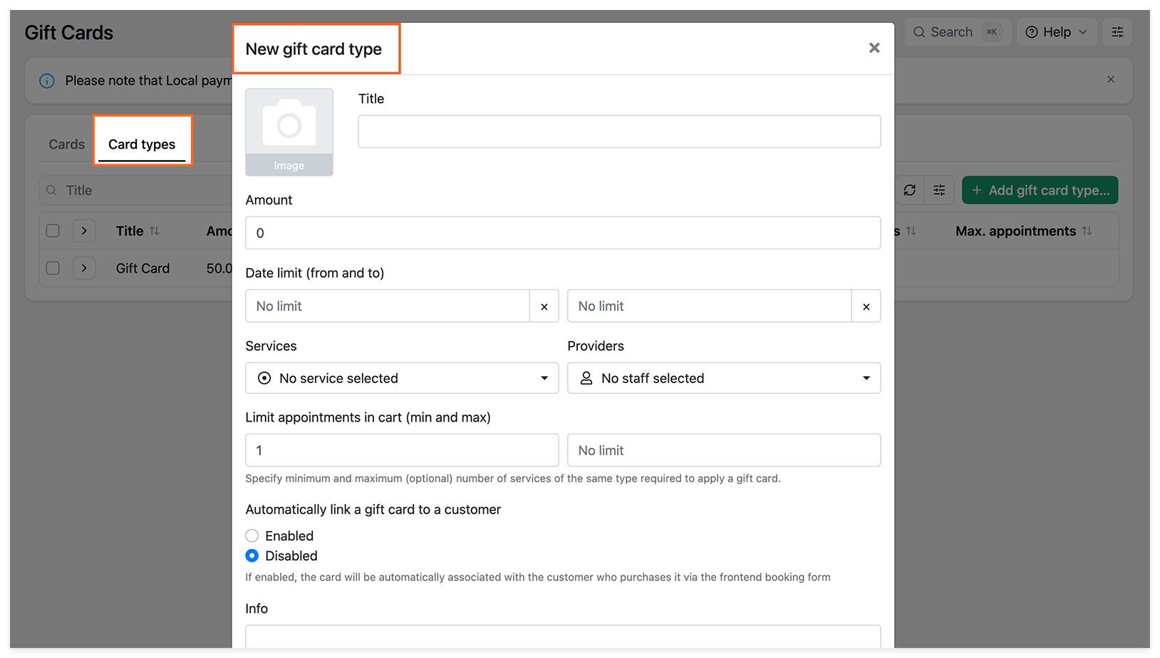 Ajouter un type de carte cadeau dans Bookly