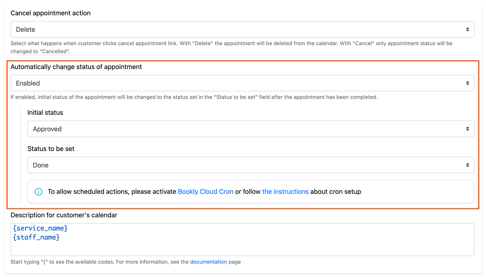 Impostazioni dello stato automatico degli appuntamenti di Bookly