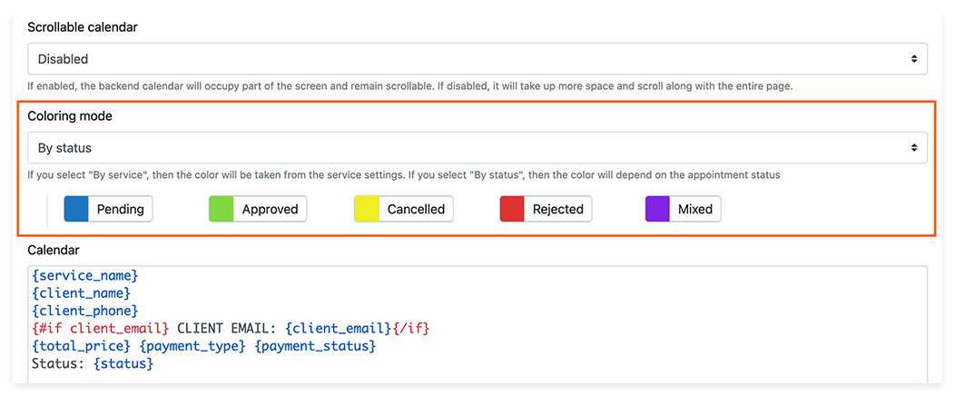 Impostazioni della modalità colorata del Calendario Bookly