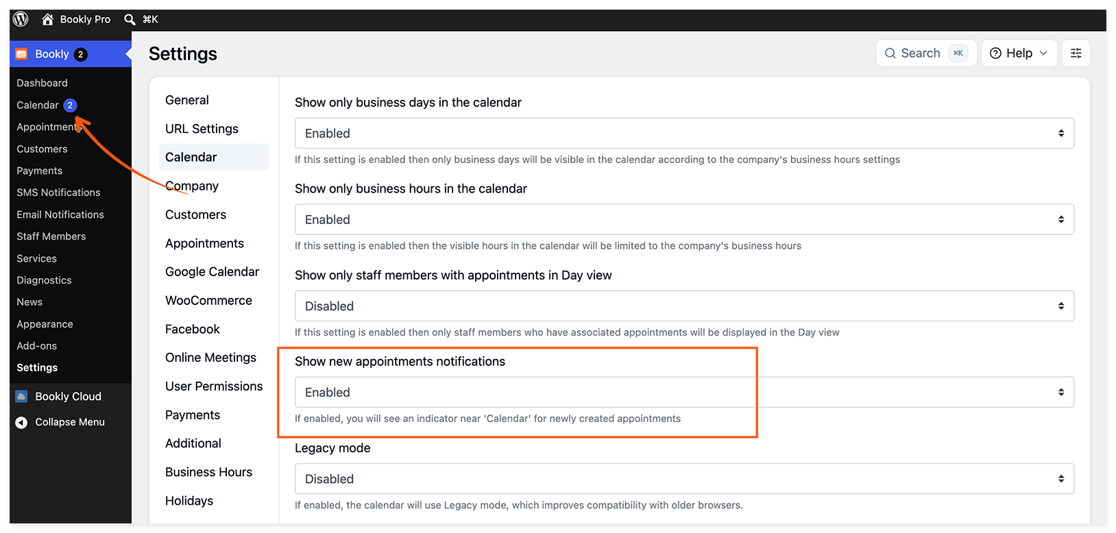 Impostazioni del contatore delle notifiche di nuovi appuntamenti del Calendario Bookly