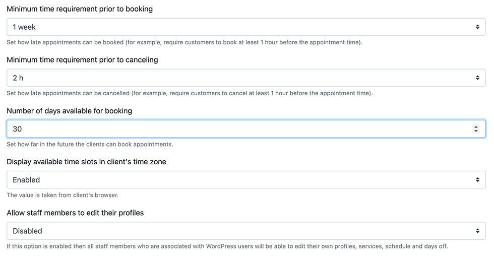 Définir le nombre de jours disponibles à la réservation dans Bookly