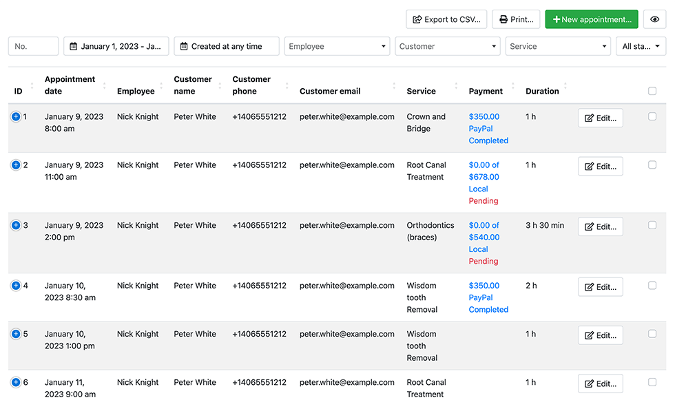 Liste des réservations filtrable, triable et consultable dans Bookly