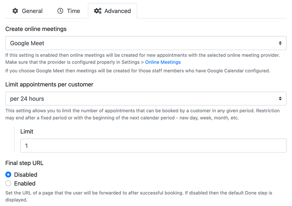 Paramètres individuels pour chaque service dans Bookly