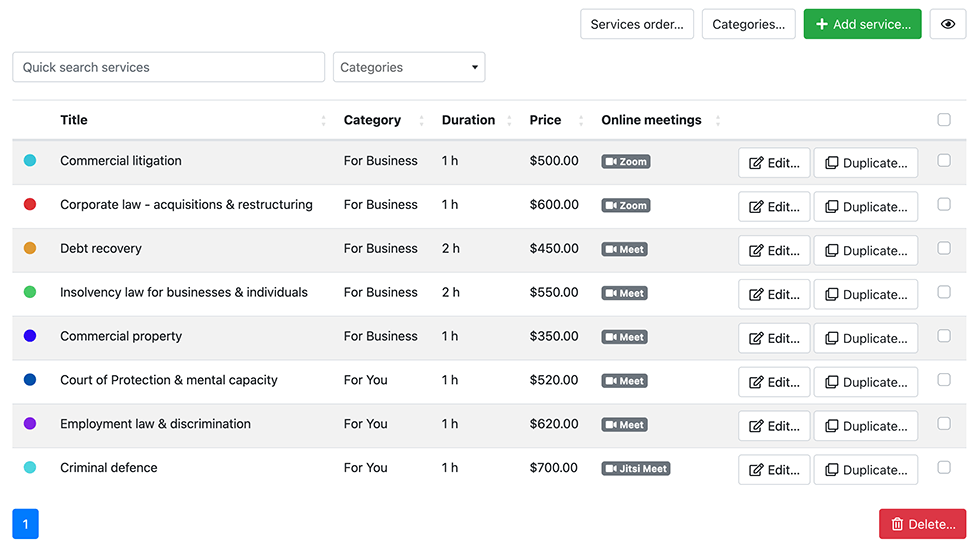 Nombre illimité de services regroupés par catégories dans Bookly