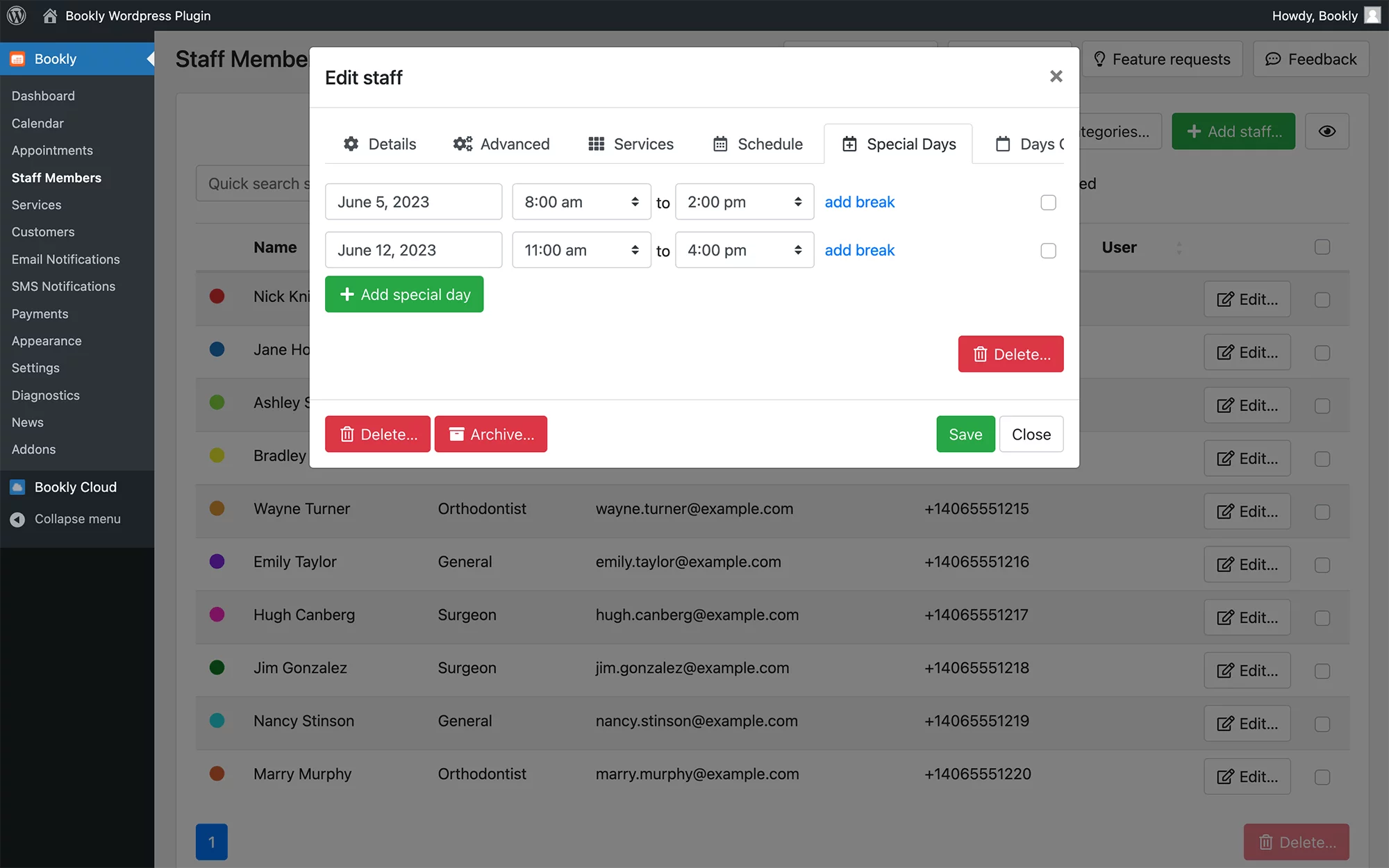 Add special days to the staff’s schedules in Bookly